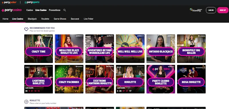live sur Party Casino screenshot