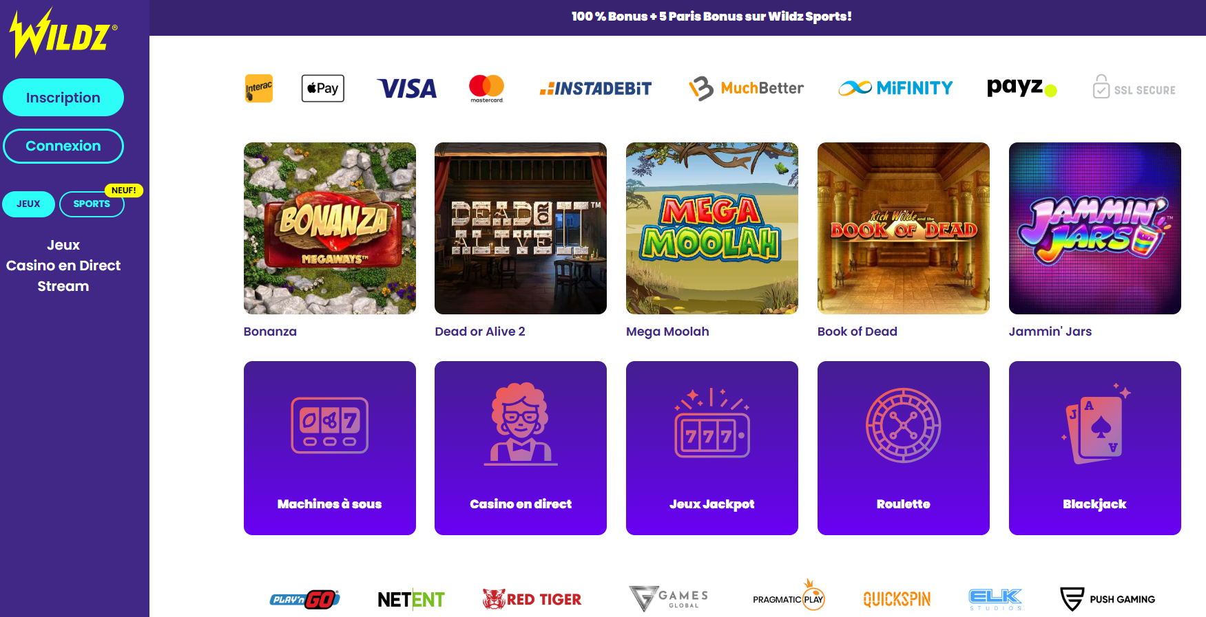 Wildz Casino Page d'accueil