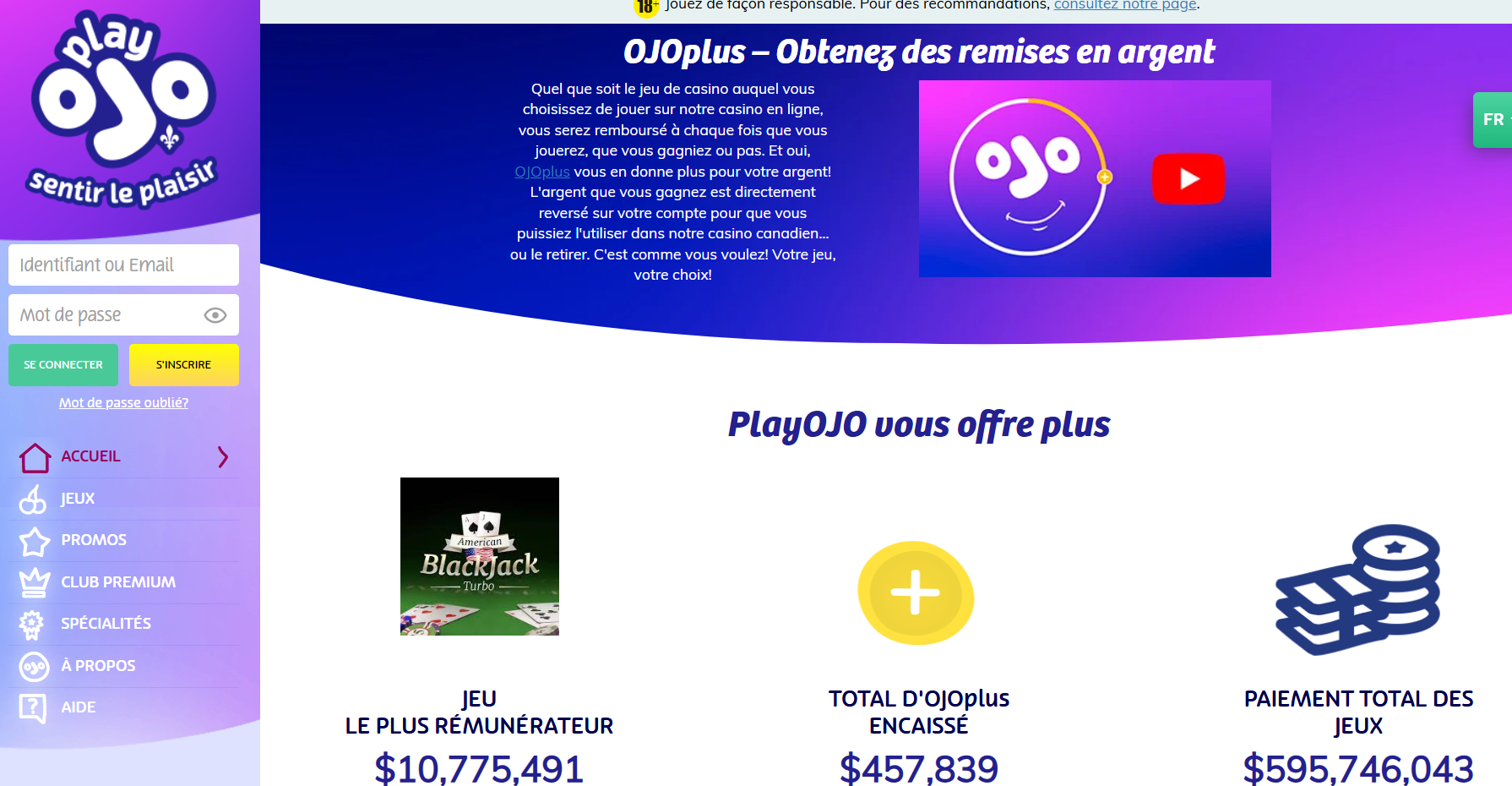 PlayOJO Page d'accueil