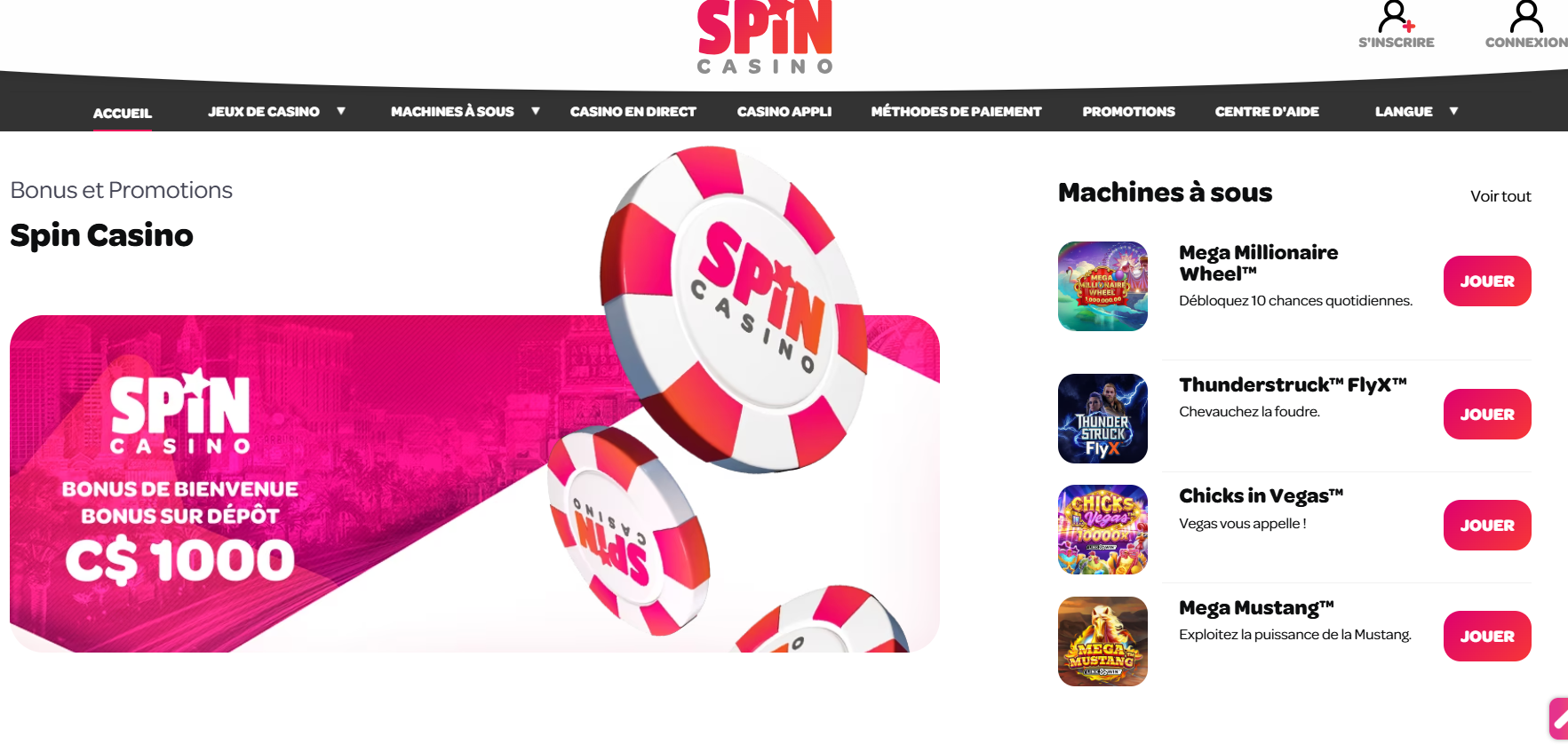 Spin Casino Page d'accueil